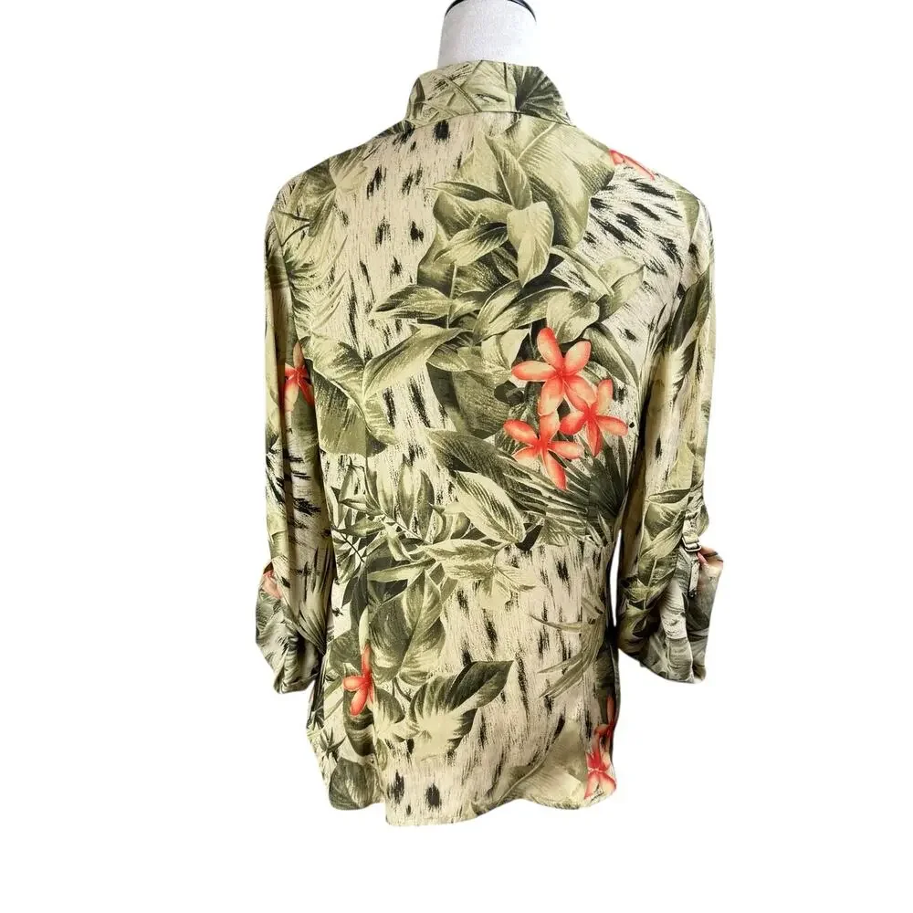 Josephine Chaus Womens 2 Piece Green Tropical Floral Print Silk Matching Set